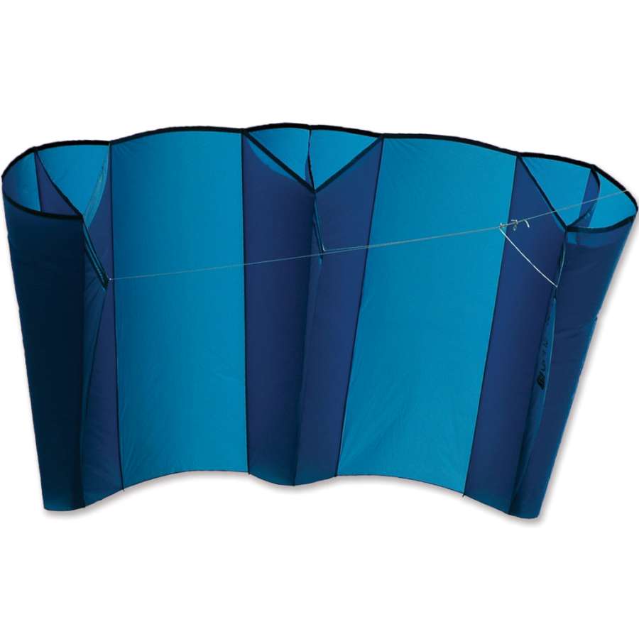 Mega Power Sled 81 kite in Aqua soaring high against a blue sky, showcasing its large 81 square feet lift area and colorful design.
