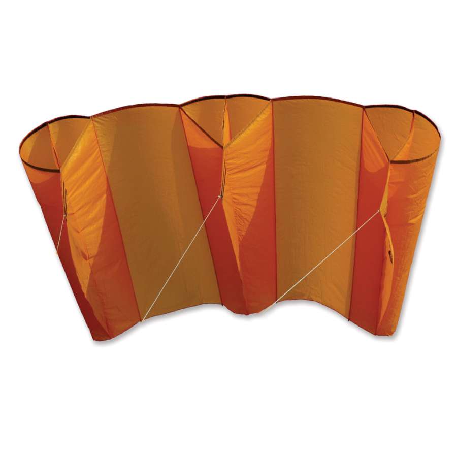 Mega Power Sled 81 Kite in vibrant mango color, measuring 178 x 83 inches, soaring against a clear blue sky during a kite-flying session.