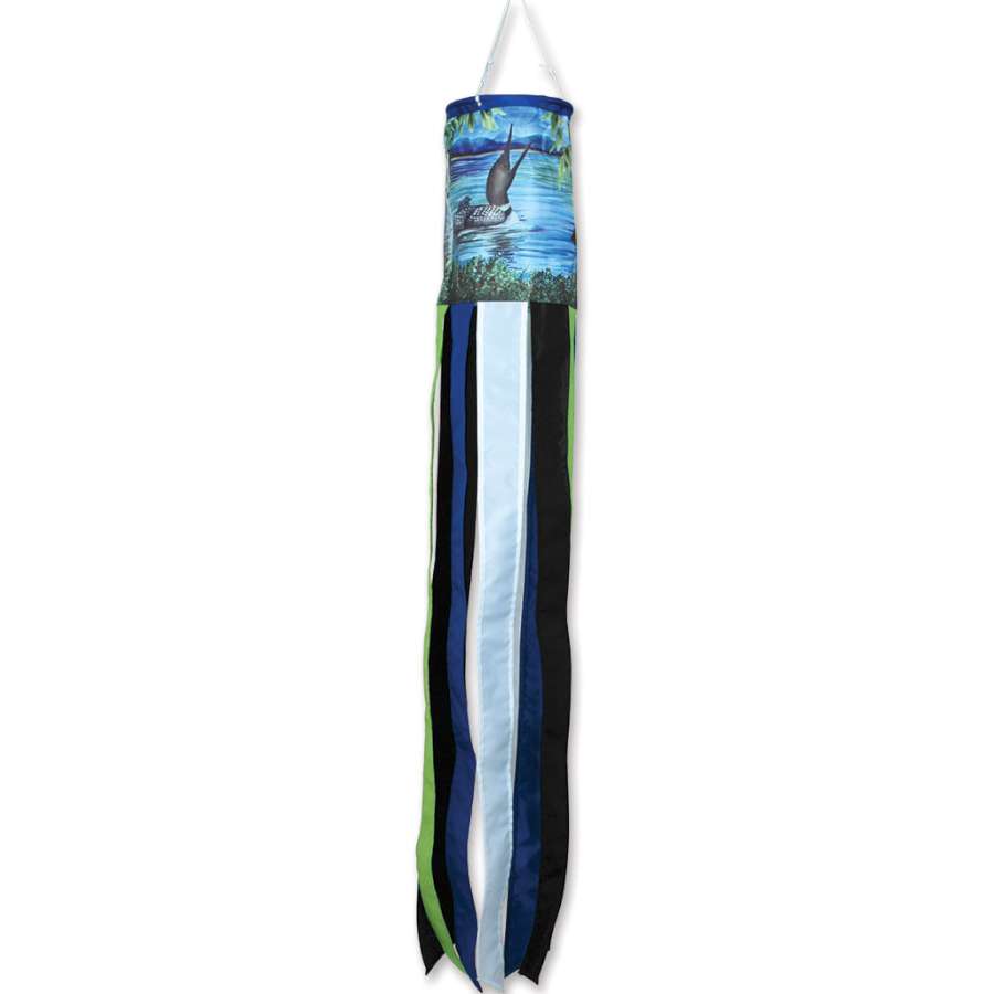 Memorable Loons windsock with vibrant design of loons on a lake hanging outdoors, fluttering in the wind, showcasing its beautiful colors.