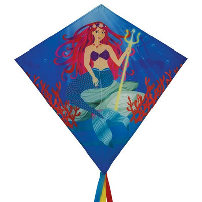 Mermaid 30" Diamond Kite flying in a clear blue sky, featuring bright colors and detailed graphics, ideal for kids and adults alike.