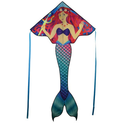 Mermaid 45' Fly-Hi Kite soaring in the blue sky with vibrant design and colorful streamer tails in a family-friendly outdoor setting.