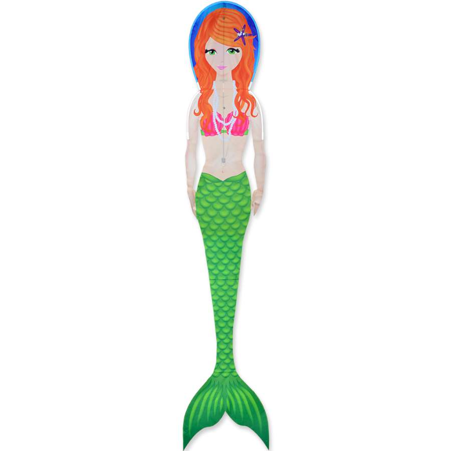 Mermaid Kite soaring in the sky, vibrant colors, long tail design against a blue sky backdrop, measuring 11ft 4in x 24in.