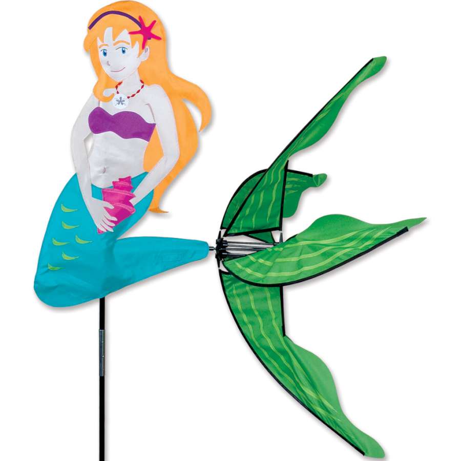 Mermaid Spinner garden decoration featuring a colorful, spinning mermaid design hanging from a tree branch in a vibrant outdoor setting.