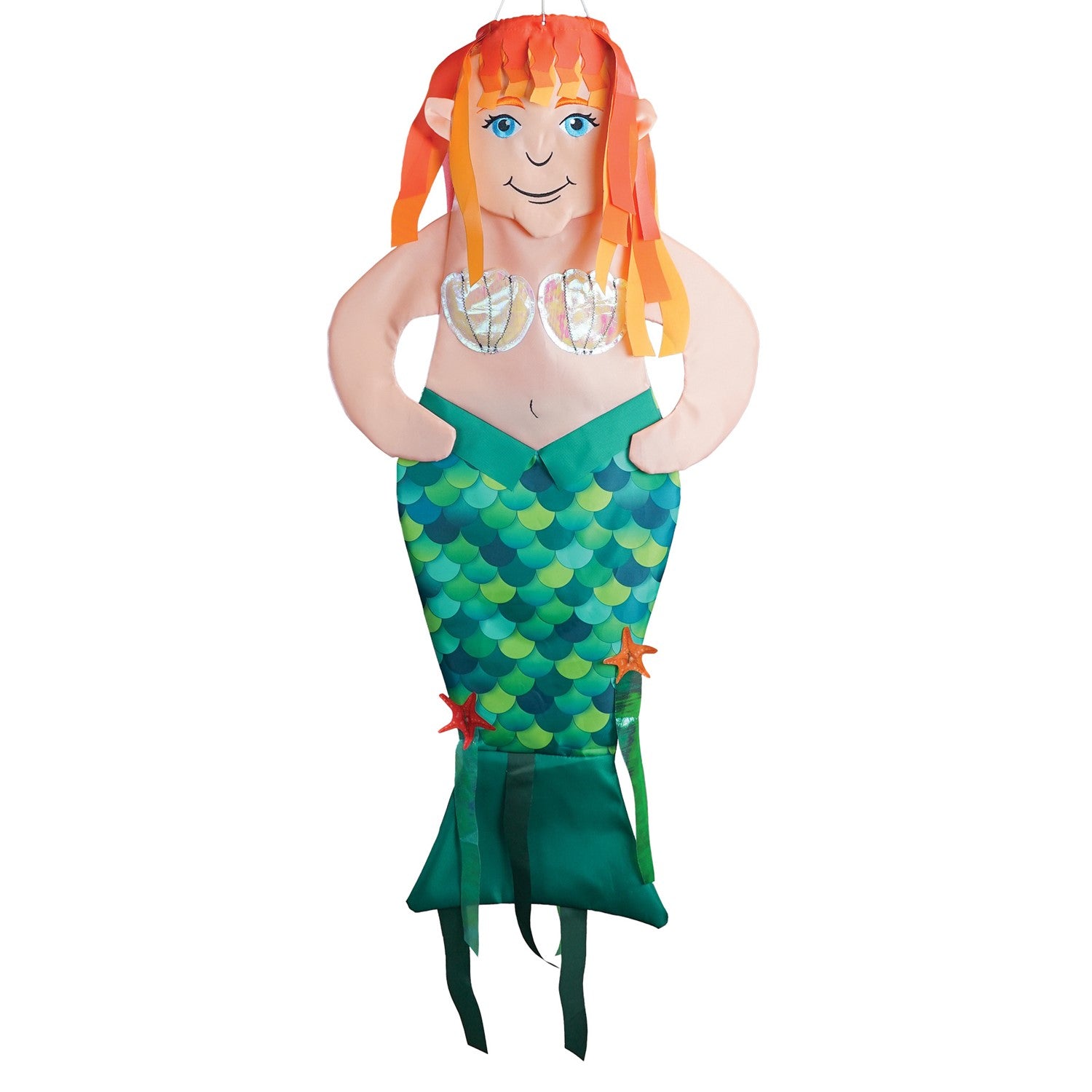 Mermaid Wind Friend 3D hanging decor displayed outdoors, featuring detailed embroidery and vibrant colors fluttering in the breeze.