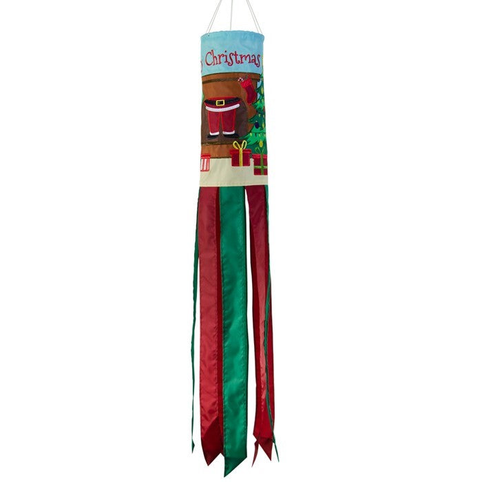Merry Christmas 40" Windsock featuring a jolly Santa design with colorful tails fluttering in the breeze, ideal for festive outdoor decoration.