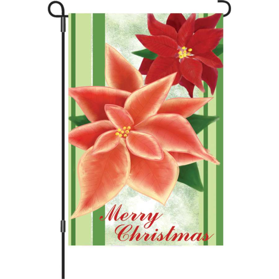 Merry Christmas garden flag measuring 12 x 18 inches, featuring cheerful graphics and vibrant colors displayed in a festive outdoor setting.