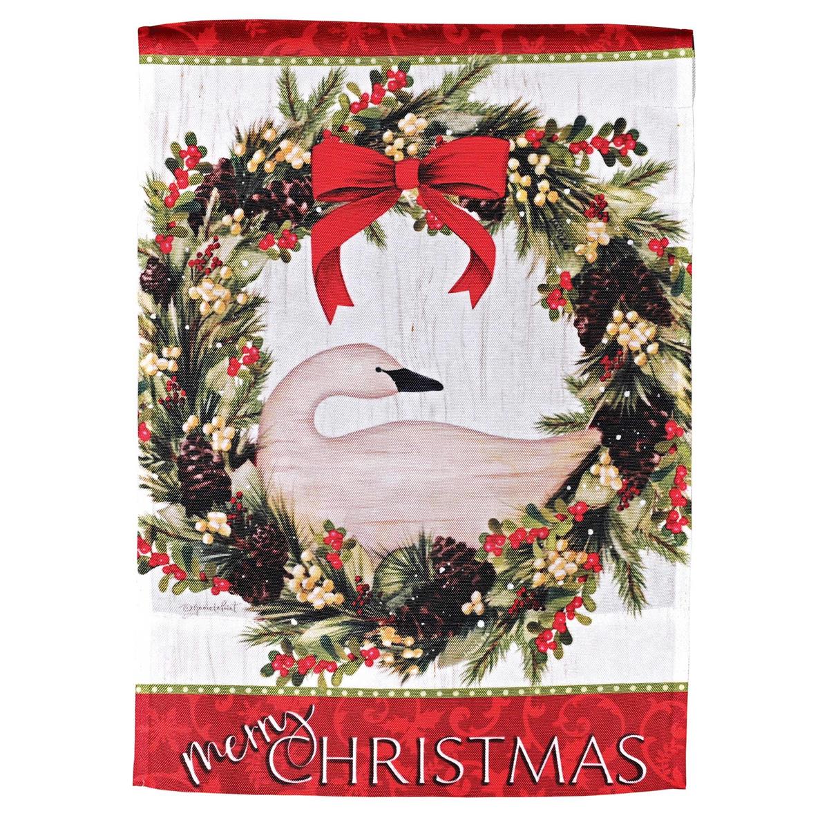 Merry Christmas Goose garden flag with a cheerful goose design and colorful scarf, displayed outdoors in a festive garden setting.