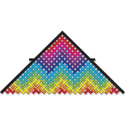 Oversized rainbow delta kite with colorful mesh pattern and durable carbon frame, perfect for beach flying in 5–20 mph winds.