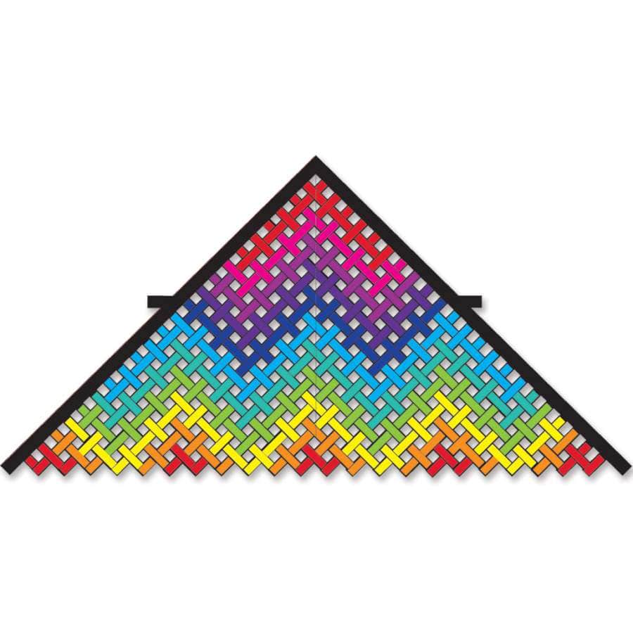 Oversized rainbow delta kite with colorful mesh pattern and durable carbon frame, perfect for beach flying in 5–20 mph winds.
