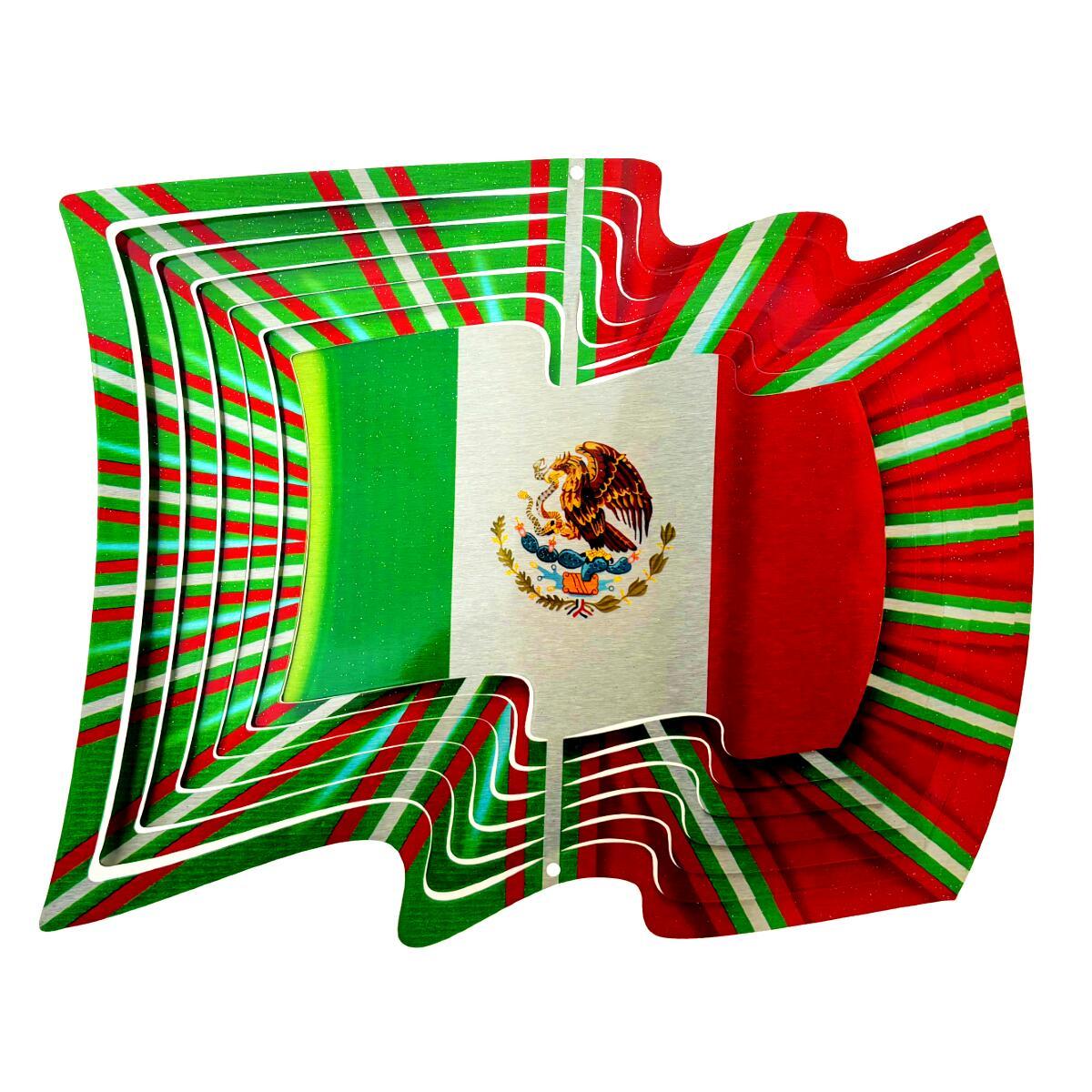 12-inch Mexico Flag Wind Spinner made from powder-coated stainless steel, displaying vibrant colors that spin in the breeze in an outdoor setting.