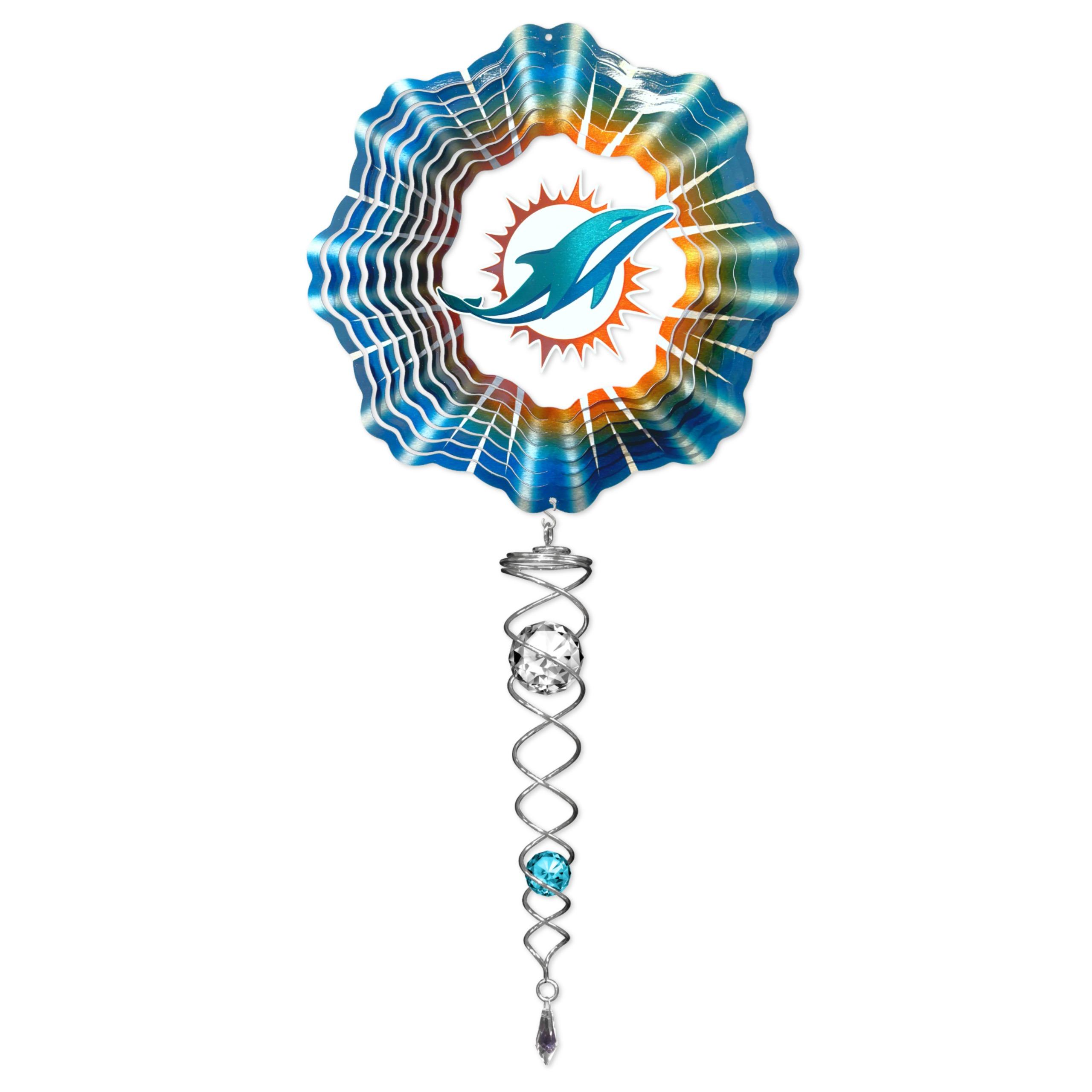 Miami Dolphins wind spinner mini set featuring a 6.5-inch spinner and a 7.5-inch crystal twister, displaying vibrant team colors outdoors.