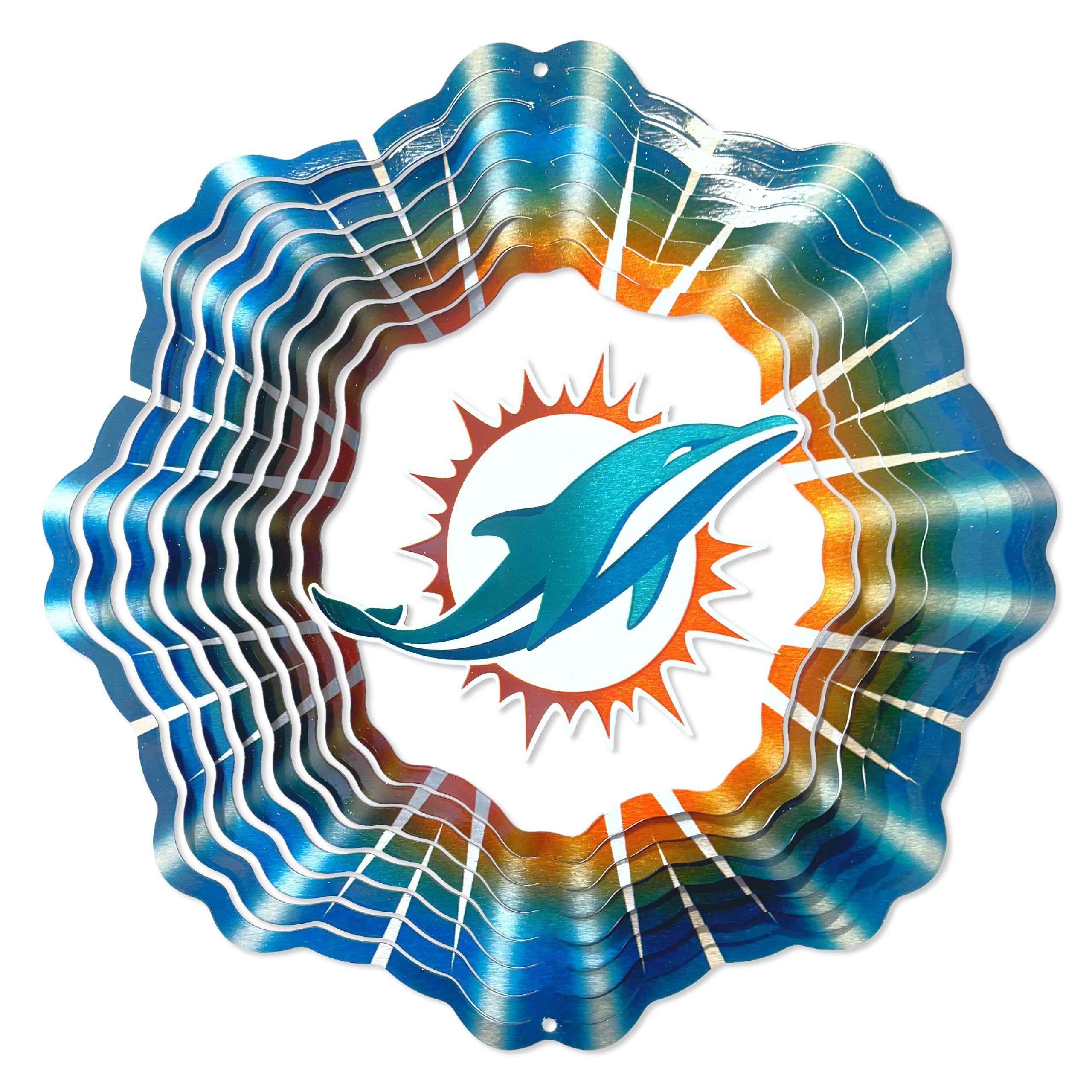 Miami Dolphins wind spinner featuring vibrant team colors and 12-inch size, beautifully designed for captivating motion in any space.