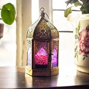 MIDI Purple & Pink Hex Glass Tealight Lantern showcasing colorful hexagonal glass design and antiqued brass frame, illuminated with a tealight candle.