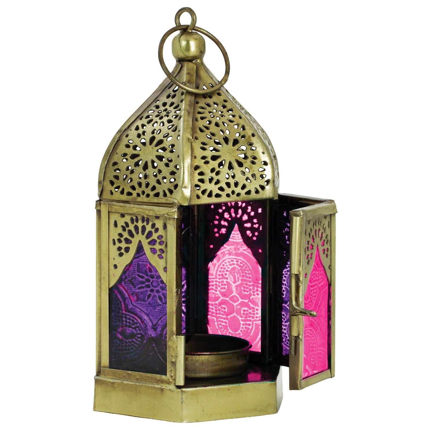 MIDI Purple & Pink Hex Glass Tealight Lantern showcasing colorful hexagonal glass design and antiqued brass frame, illuminated with a tealight candle.