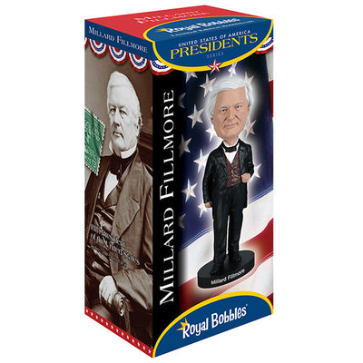 Millard Fillmore bobblehead featuring intricate details and traditional attire, perfect for collectors and history enthusiasts, displayed in a home setting.
