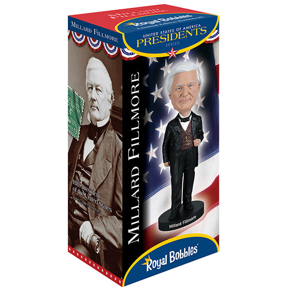 Millard Fillmore bobblehead featuring intricate details and traditional attire, perfect for collectors and history enthusiasts, displayed in a home setting.