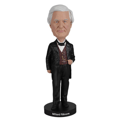 Millard Fillmore bobblehead featuring intricate details and traditional attire, perfect for collectors and history enthusiasts, displayed in a home setting.