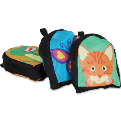 Mini Backpack Sled Kite featuring T-Rex design, measuring 18x12.75 in., displayed with colorful backpack, ready for outdoor play.
