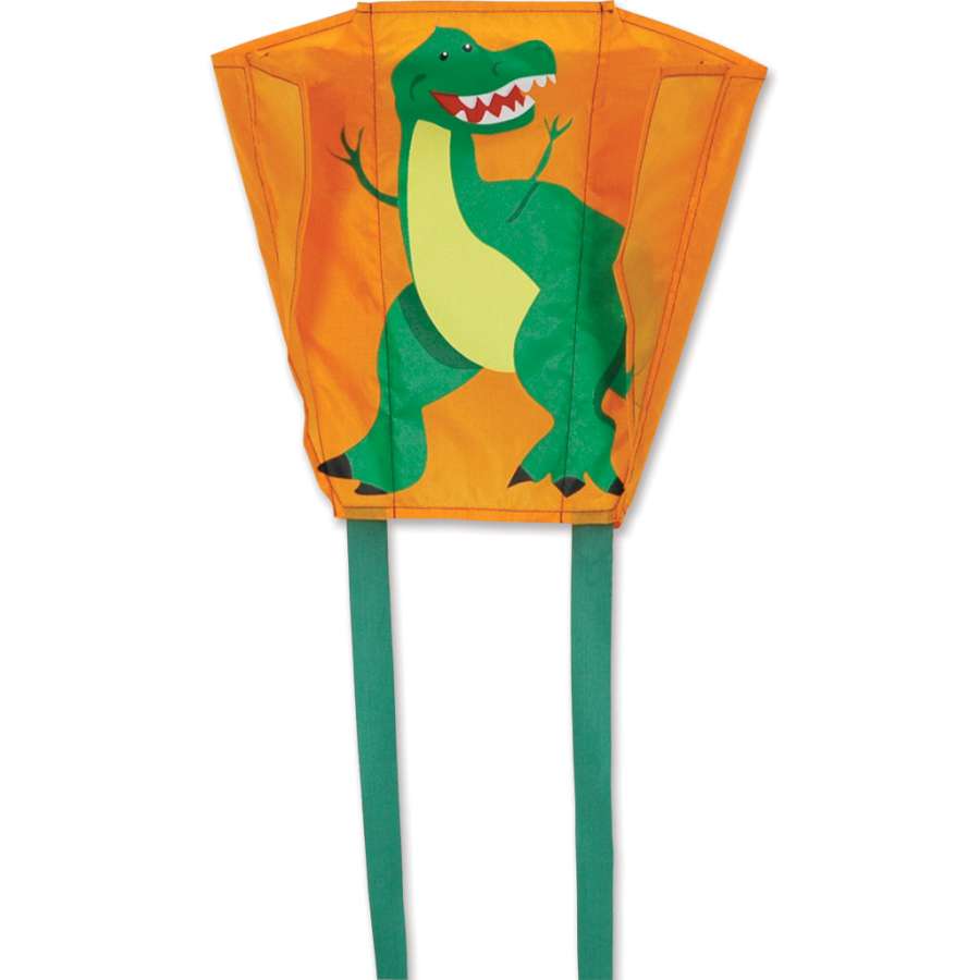 Mini Backpack Sled Kite featuring T-Rex design, measuring 18x12.75 in., displayed with colorful backpack, ready for outdoor play.