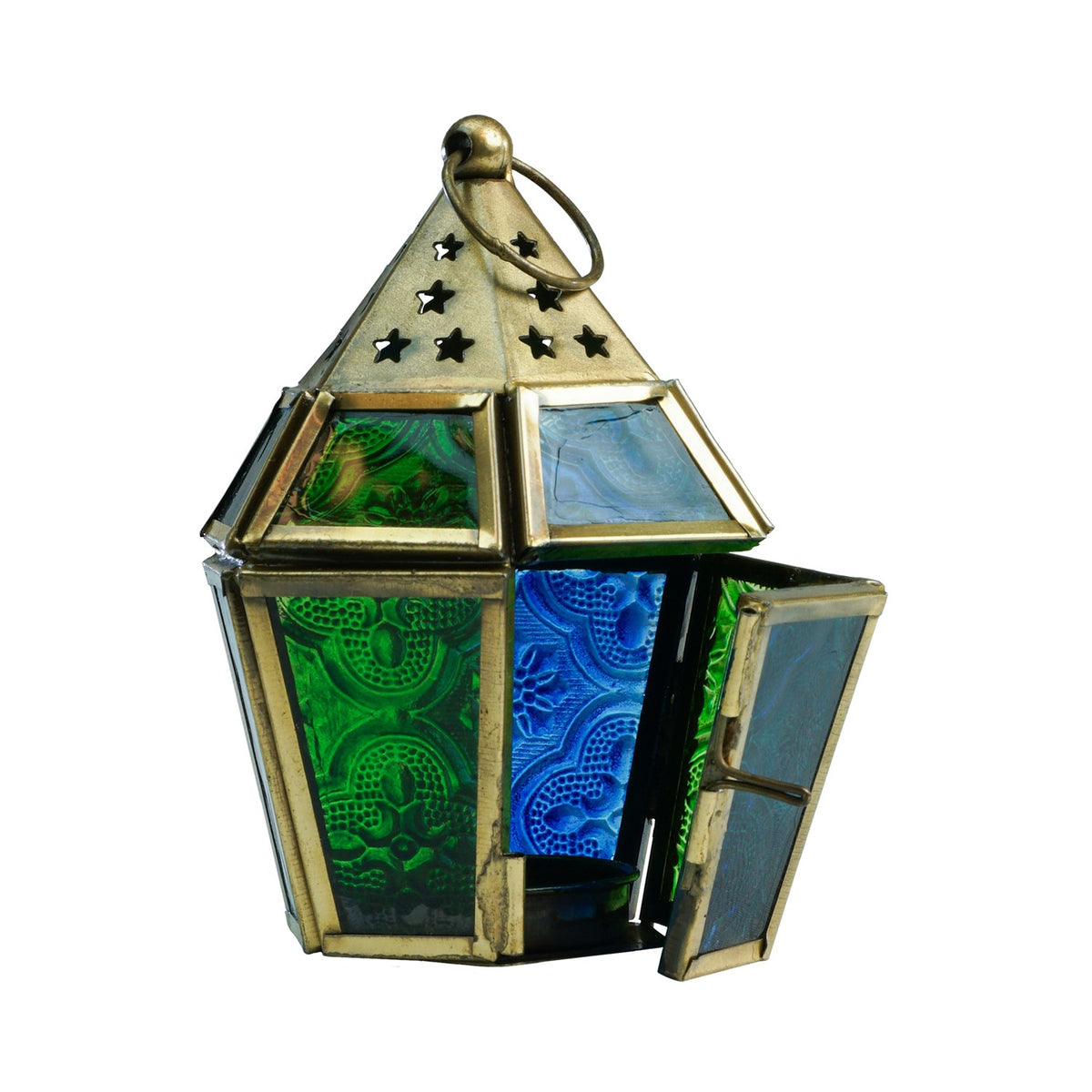 Mini Blue & Green Hex Glass Tealight Lantern with textured glass and brass accents hanging in an outdoor setting, radiating warm candlelight.