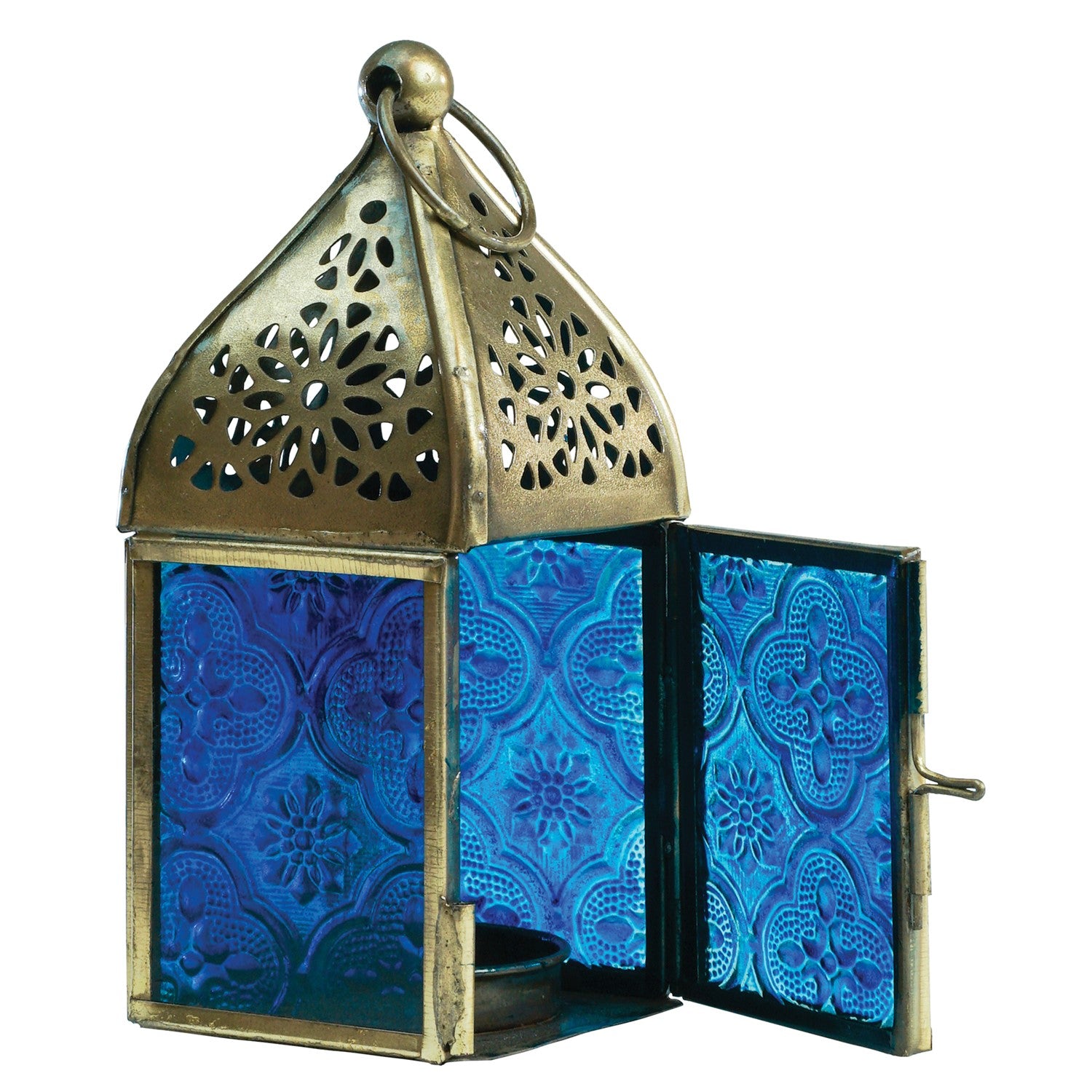 Mini Blue Square Glass Tealight Lantern with textured blue glass panels and a brass top, perfect for creating ambient lighting both indoors and outdoors.