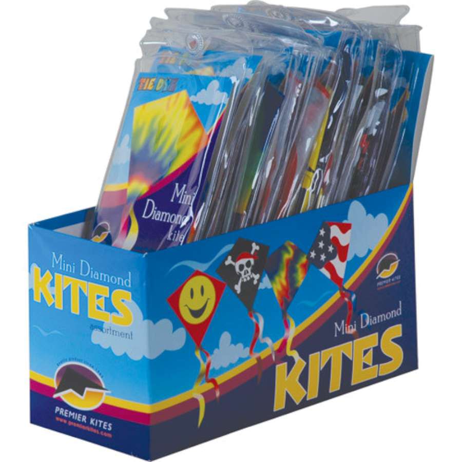 Assorted collection of 24 Mini Diamond kites, each measuring 12x12 inches, in bright colors displayed against a clear blue sky during outdoor play.