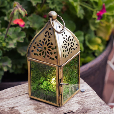 Mini Green Square Glass Tealight Lantern featuring stamped green glass panels and an antiqued brass top, suitable for indoor and outdoor use.