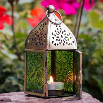 Mini Green Square Glass Tealight Lantern featuring stamped green glass panels and an antiqued brass top, suitable for indoor and outdoor use.