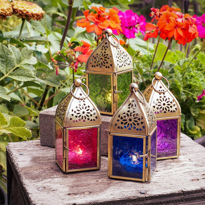 Mini Green Square Glass Tealight Lantern featuring stamped green glass panels and an antiqued brass top, suitable for indoor and outdoor use.