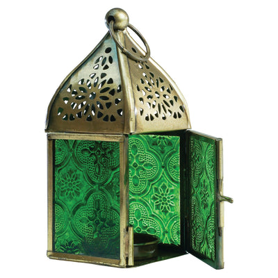 Mini Green Square Glass Tealight Lantern featuring stamped green glass panels and an antiqued brass top, suitable for indoor and outdoor use.