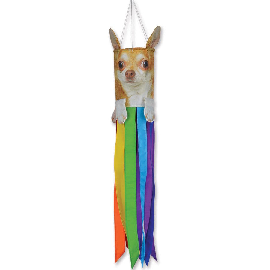 Mini Pet Windsock - Chihuahua design featuring a cute face and whimsical details, displayed outside, capturing the wind with playful charm.