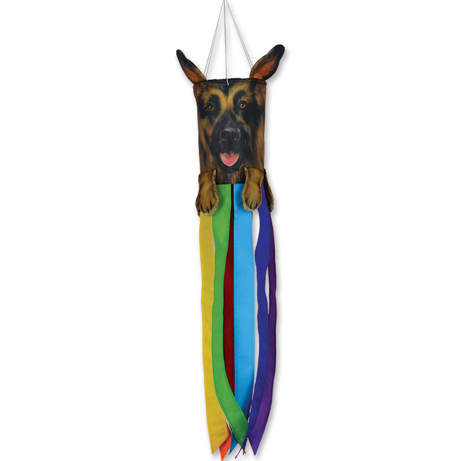 Mini Pet Windsock featuring a German Shepherd design, showcasing its adorable face and unique truncated shape, fluttering in the garden.
