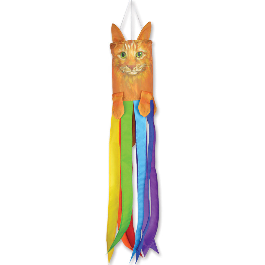 Mini Pet Windsock featuring a ginger cat design, displaying adorable ears and a playful smile, swaying gently in the breeze outdoors.
