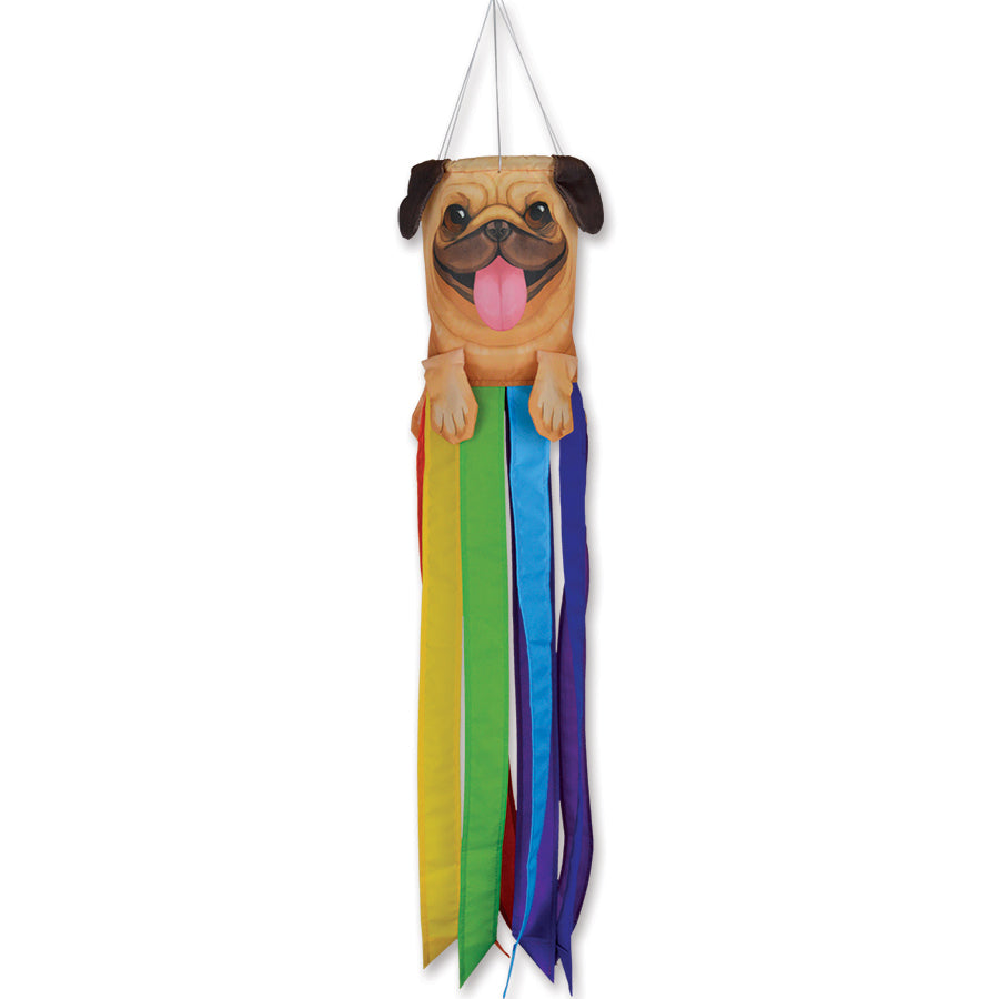 Mini Pet Windsock featuring an adorable pug design, showcasing its playful features swaying in the outdoor breeze against a blue sky.