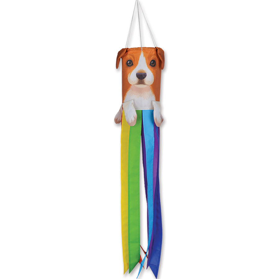 Mini Pet Windsock - Puppy with a cute dog face and vibrant colors, hanging cheerfully in a garden, fluttering in the breeze.