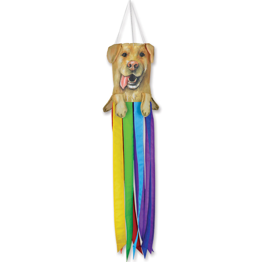 Mini Pet Windsock featuring a Yellow Labrador Retriever with detailed ears, paws, and cheerful expression fluttering in the wind outdoors.