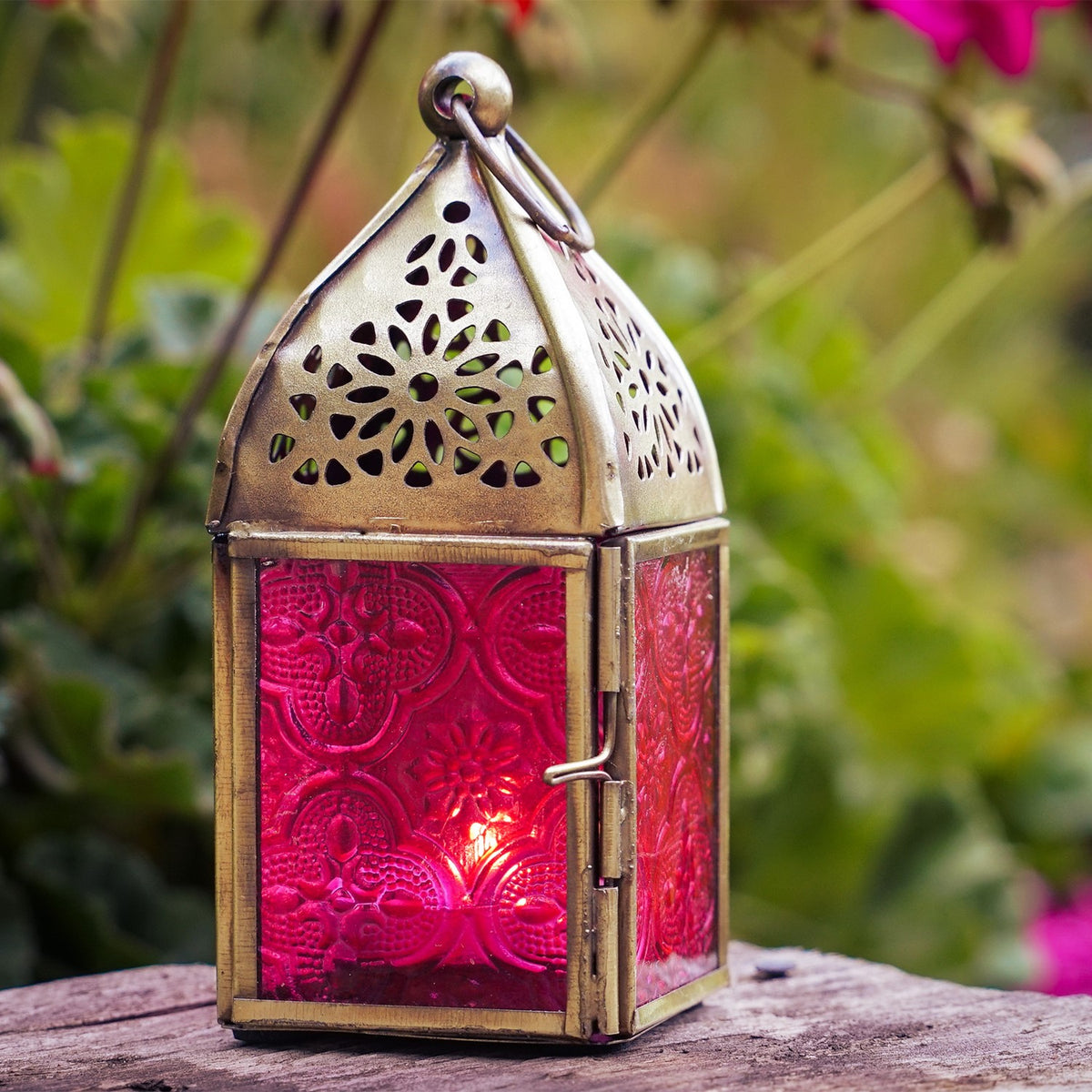 Mini Pink Square Glass Tealight Lantern with textured glass and metal accents, beautifully lit and displayed on a cozy table setting.