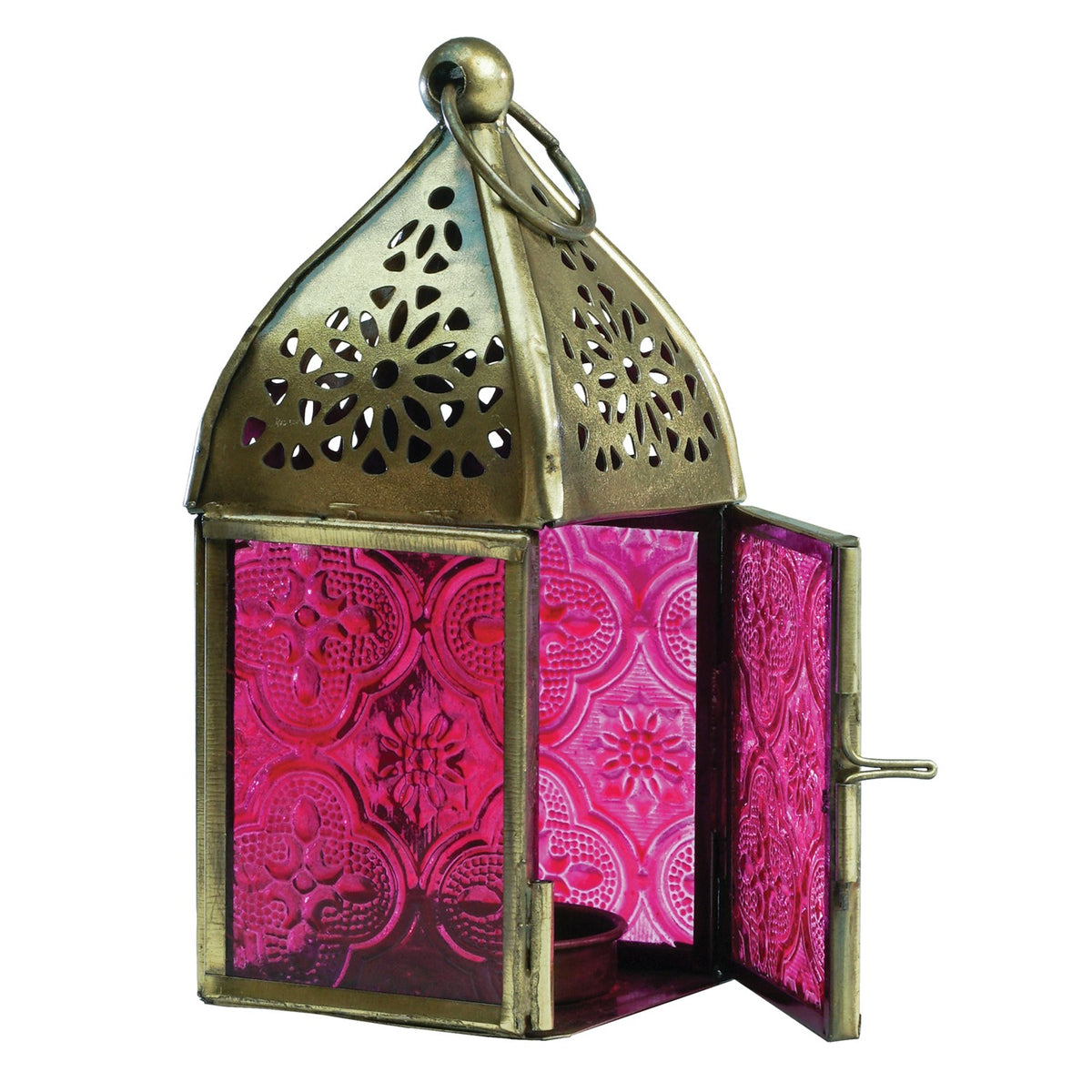 Mini Pink Square Glass Tealight Lantern with textured glass and metal accents, beautifully lit and displayed on a cozy table setting.