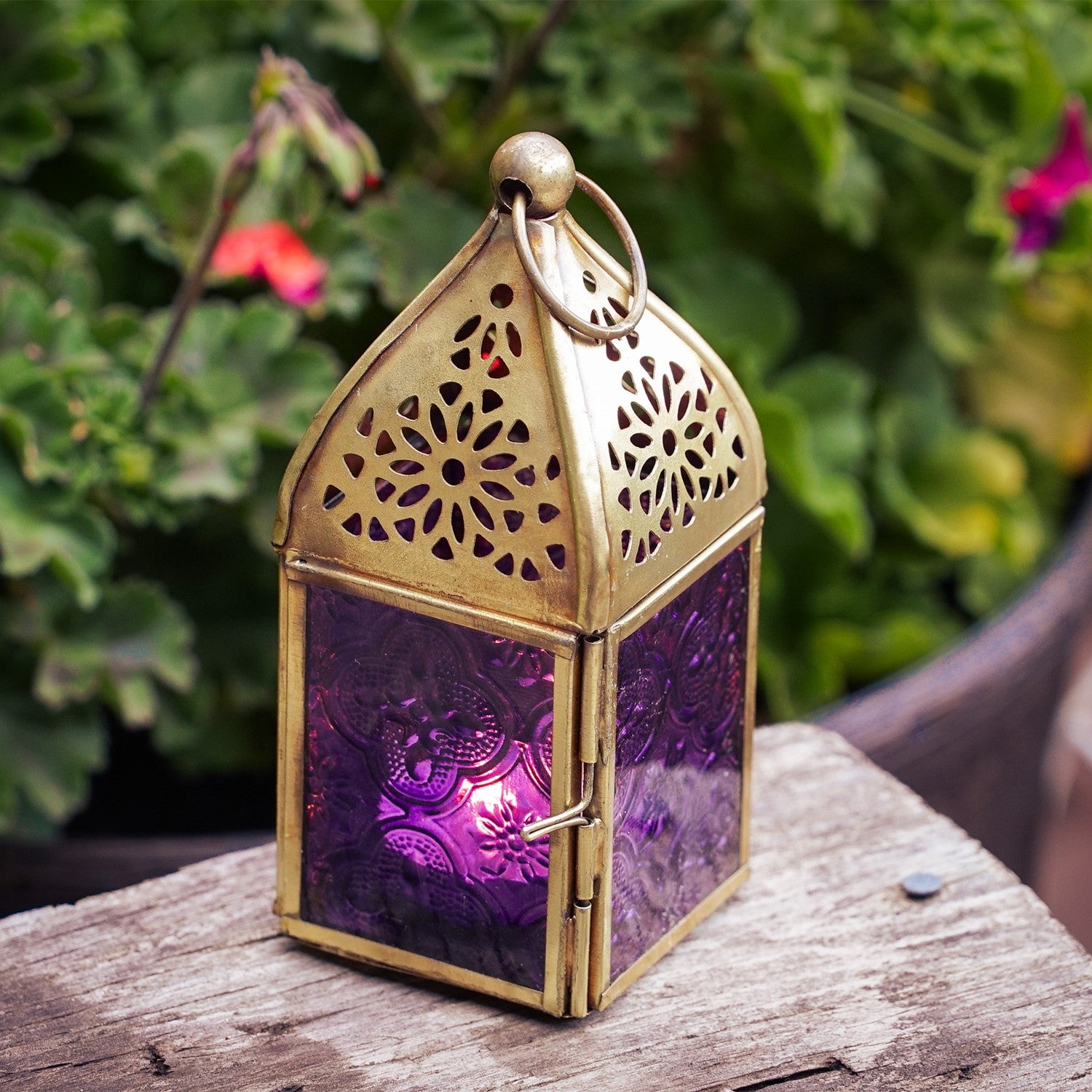 Mini Purple Square Glass Tealight Lantern featuring stained glass design, metal frame, and domed brass top for hanging or table display.