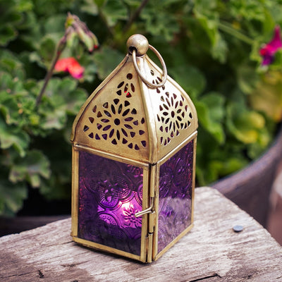 Mini Purple Square Glass Tealight Lantern featuring stained glass design, metal frame, and domed brass top for hanging or table display.