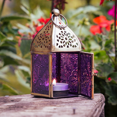 Mini Purple Square Glass Tealight Lantern featuring stained glass design, metal frame, and domed brass top for hanging or table display.