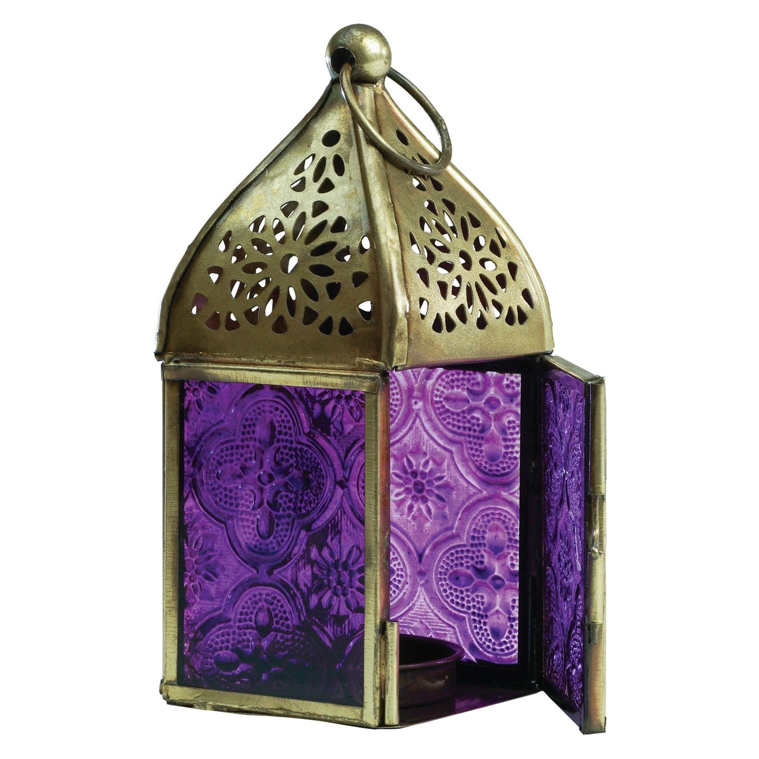 Mini Purple Square Glass Tealight Lantern featuring stained glass design, metal frame, and domed brass top for hanging or table display.