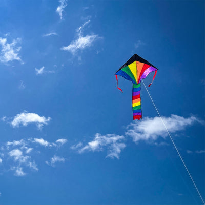 Brightly colored Mini Rainbow Fly-Hi Kite featuring a rainbow design flying in blue sky with streamer tails trailing behind it.