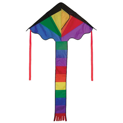 Brightly colored Mini Rainbow Fly-Hi Kite featuring a rainbow design flying in blue sky with streamer tails trailing behind it.