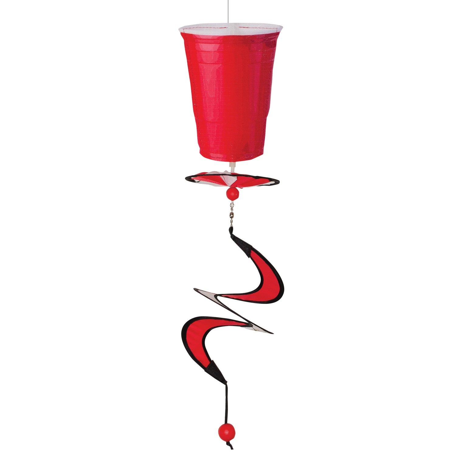 Mini Red Cup 5 O'Clock Drink Spinner featuring a vibrant solo cup design, spinning in the breeze, creating a cheerful outdoor atmosphere.