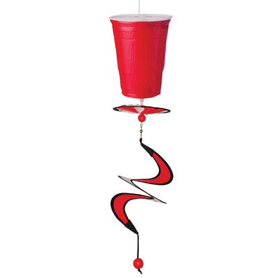 Mini Red Cup 5 O'Clock Drink Spinner featuring a vibrant solo cup design, spinning in the breeze, creating a cheerful outdoor atmosphere.