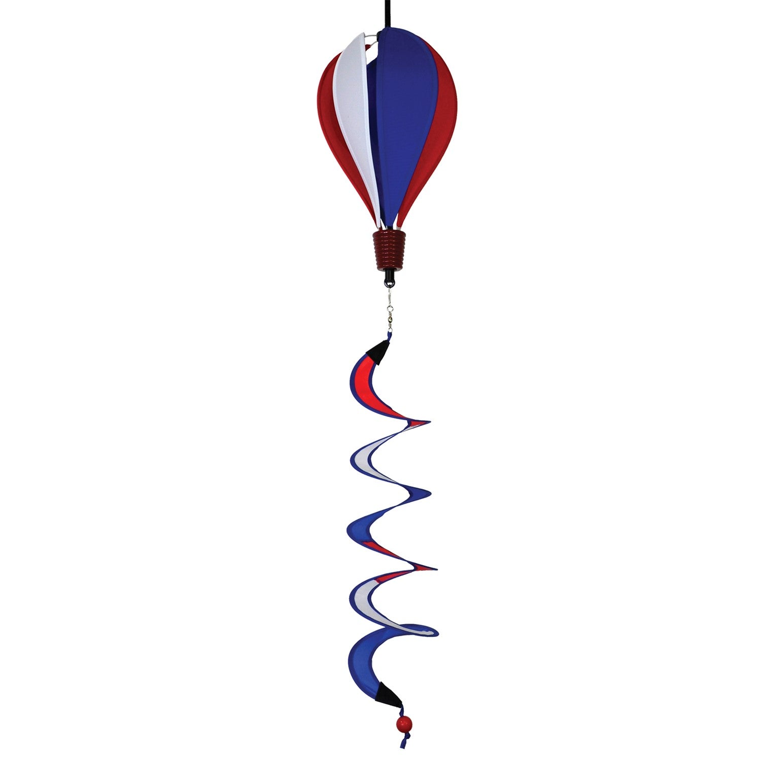 Mini Red, White, and Blue Hot Air Balloon with curlie tail displayed in a garden setting, adding a festive patriotic touch.