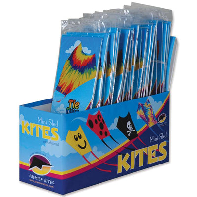 Assorted Mini Sled Kites in vibrant colors displayed against a clear blue sky, measuring 15x12.5 inches, perfect for outdoor fun.