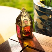 Mini Yellow & Pink Pentagon Glass Tealight Lantern showcasing vibrant colors and intricate designs to illuminate any setting beautifully.