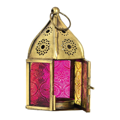 Mini Yellow & Pink Pentagon Glass Tealight Lantern showcasing vibrant colors and intricate designs to illuminate any setting beautifully.